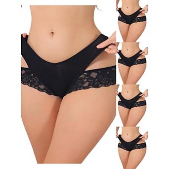 5 Packs Women's Wide Lace Trim Thong V-Cut Ice Silk Mid Rise T-Back Seamless Underwear