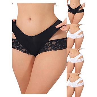 5 Packs Women's Wide Lace Trim Thong V-Cut Ice Silk Mid Rise T-Back Seamless Underwear