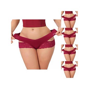 5 Packs Women's Wide Lace Trim Thong V-Cut Ice Silk Mid Rise T-Back Seamless Underwear