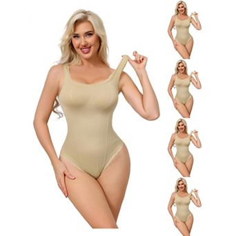 5 Packs Women's Lace Trim Bodysuits Square Neck Tummy Control Tank Tops Leotard Thong Bodyshaper