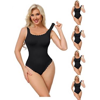 5 Packs Women's Lace Trim Bodysuits Square Neck Tummy Control Tank Tops Leotard Thong Bodyshaper