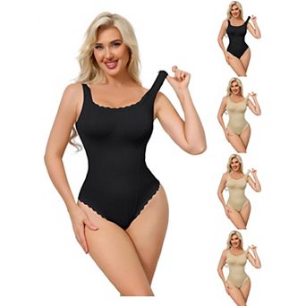 5 Packs Women's Lace Trim Bodysuits Square Neck Tummy Control Tank Tops Leotard Thong Bodyshaper