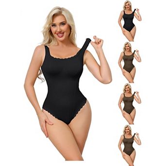 5 Packs Women's Lace Trim Bodysuits Square Neck Tummy Control Tank Tops Leotard Thong Bodyshaper
