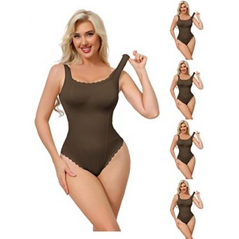 5 Packs Women's Lace Trim Bodysuits Square Neck Tummy Control Tank Tops Leotard Thong Bodyshaper