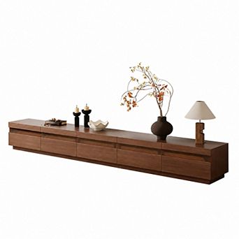 118.1" Modular TV Stand, Modern Wood Media Console with Solid Wood Veneer, Walnut Finish & 5 Drawers