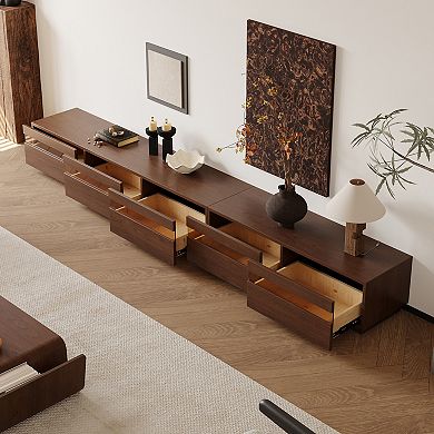 118.1" Modular TV Stand, Modern Wood Media Console with Solid Wood Veneer, Walnut Finish & 5 Drawers