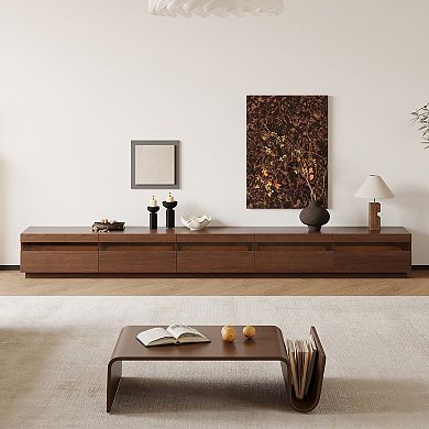 118.1" Modular TV Stand, Modern Wood Media Console with Solid Wood Veneer, Walnut Finish & 5 Drawers