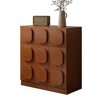 34.5" Mid-Century Modern Side Cabinet, Minimalist Walnut Finish with Solid Wood Veneer