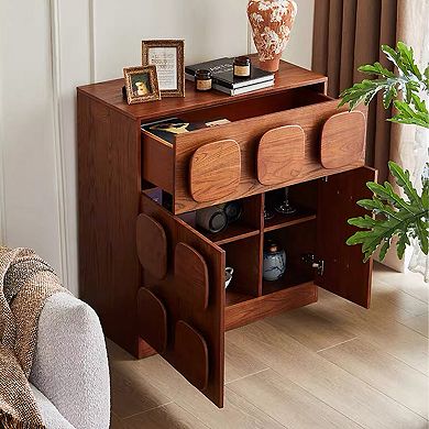 34.5" Mid-Century Modern Side Cabinet, Minimalist Walnut Finish with Solid Wood Veneer
