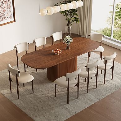86.6" Mid-Century Modern Oval Dining Table for 8-10, Brown Solid Wood Veneer Kitchen Table with Stor