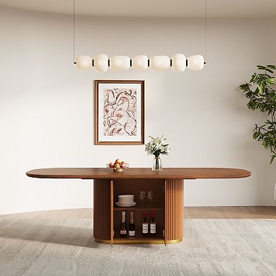 86.6" Mid-Century Modern Oval Dining Table for 8-10, Brown Solid Wood Veneer Kitchen Table with Stor