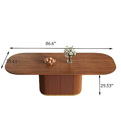 86.6" Mid-Century Modern Oval Dining Table for 8-10, Brown Solid Wood Veneer Kitchen Table with Stor