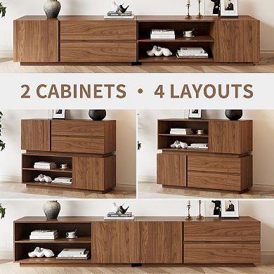 94.5 Inch Walnut Modular TV Stand Convertible Entertainment Center with Storage