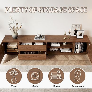 94.5 Inch Walnut Modular TV Stand Convertible Entertainment Center with Storage
