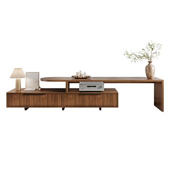 71"-126" Extendable Walnut TV Stand: Modern 2 tier Media Console with Slatted Doors & Open Shelves