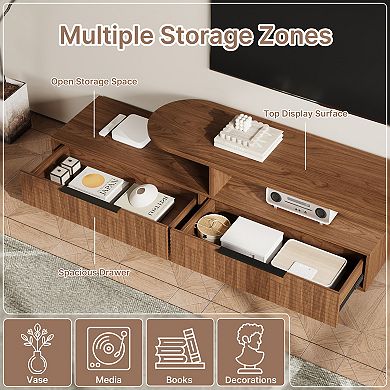 71"-126" Extendable Walnut TV Stand: Modern 2-Tier Media Console with Slatted Doors & Open Shelves