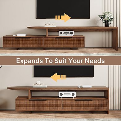 71"-126" Extendable Walnut TV Stand: Modern 2-Tier Media Console with Slatted Doors & Open Shelves