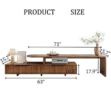 71"-126" Extendable Walnut TV Stand: Modern 2-Tier Media Console with Slatted Doors & Open Shelves
