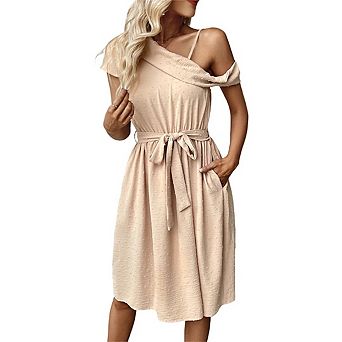 Women's One Shoulder A Line Flare Ruched Tie Knot Elastic Waist Short Dress with Pockets