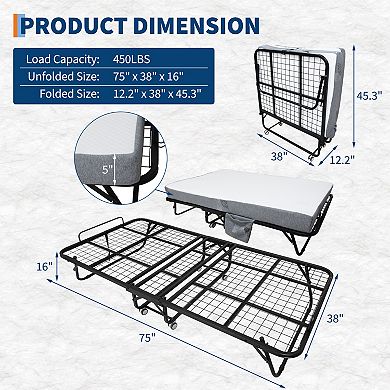 Folding Bed with 5" Memory Foam Mattress, Space-Saving Metal Frame Guest Bed for Adults