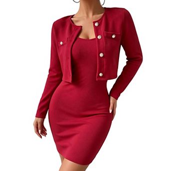 Womens Two Piece Outfit Button Crop Cardigan and Bodycon Cami Dress Set
