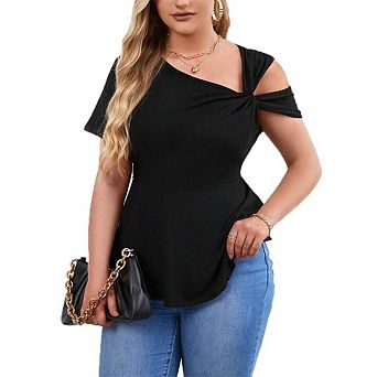 Women's One Shoulder Peplum Blouse, Asymmetrical Neck Short Sleeve Slim Fit Top