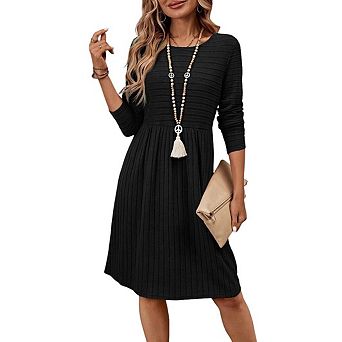 Womens Long Sleeve Fall Dresses Ribbed Knit Casual Crew Neck Knee Length Sweater Dress