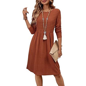 Womens Long Sleeve Fall Dresses Ribbed Knit Casual Crew Neck Knee Length Sweater Dress