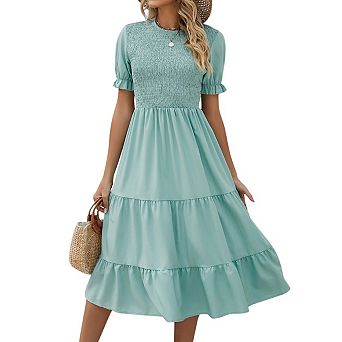 Women's Casual Crew Nek Puff Short Sleeve Smocked Elastic Waist Tiered A Line Midi Dresses