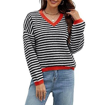 Womens Striped Sweaters Knit v Neck Color Block Long Sleeve Loose Comfy Pullover Trendy Jumper Tops