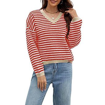 Womens Striped Sweaters Knit v Neck Color Block Long Sleeve Loose Comfy Pullover Trendy Jumper Tops