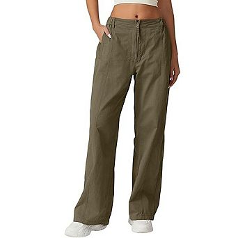 Womens Zip Front Wide Leg Long Pants High Waist Causal Cargo Pants Cotton Pocket Palazzo Pants