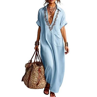 v neck blue boho dress V-Neck Lace Panelled Sleeveless Maxi Dress in Baby Blue Blue L