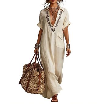 Womens Summer Flowy Maxi Dress Short Sleeve V Neck Boho Casual Loose Long Outfits