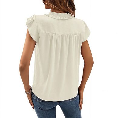 Womens Summer Tops Casual V Neck Cap Sleeve Blouse Shirts Solid Color Tunic Tops