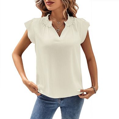 Womens Summer Tops Casual V Neck Cap Sleeve Blouse Shirts Solid Color Tunic Tops