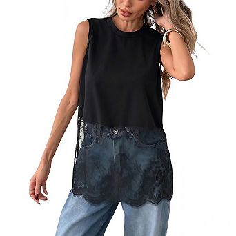 Womens Tank Tops Casual Summer Sheer Lace Boho Crewneck Sleeveless Loose Vacation Beach Vest Shirts