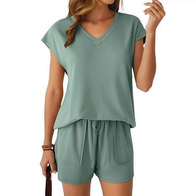 Womens V Neck Two Piece Short Sets Cap Sleeve Drawstring Summer Sweatsuit with Pocket