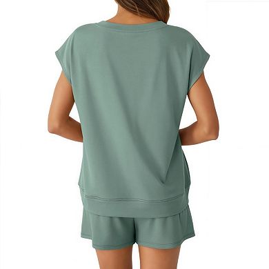 Womens V Neck Two Piece Short Sets Cap Sleeve Drawstring Summer Sweatsuit with Pocket