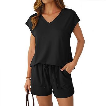 Womens V Neck Two Piece Short Sets Cap Sleeve Drawstring Summer Sweatsuit with Pocket