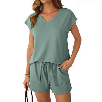 Womens V Neck Two Piece Short Sets Cap Sleeve Drawstring Summer Sweatsuit with Pocket