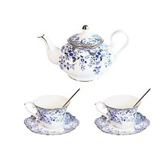 Vintage Floral Porcelain Tea Set Teapot Cups Saucers Spoons