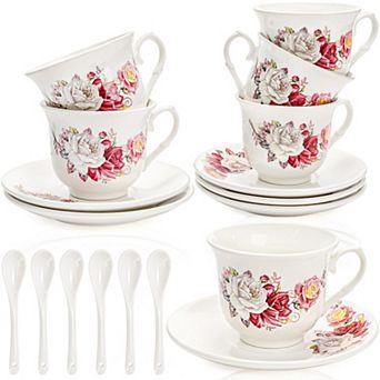 Tea Cup Saucer Set Porcelain Floral Spoon Coffee Gift Microwave Safe