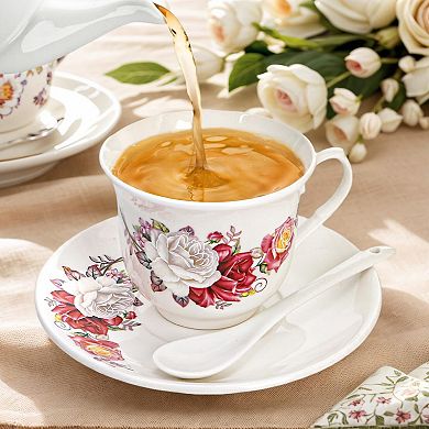 Tea Cup Saucer Set Porcelain Floral Spoon Coffee Gift Microwave Safe