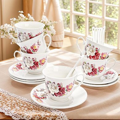 Tea Cup Saucer Set Porcelain Floral Spoon Coffee Gift Microwave Safe