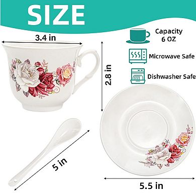 Tea Cup Saucer Set Porcelain Floral Spoon Coffee Gift Microwave Safe
