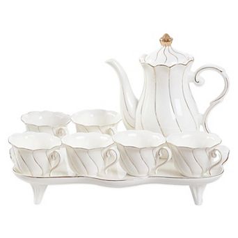 Tea Set Tray Spoons Luxury Coffee Cup Golden Trim Porcelain Decor Gift