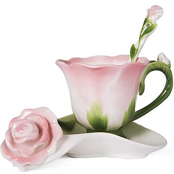 Rose Tea Cup Saucer Ceramic Hand Crafted Flower Gift Women