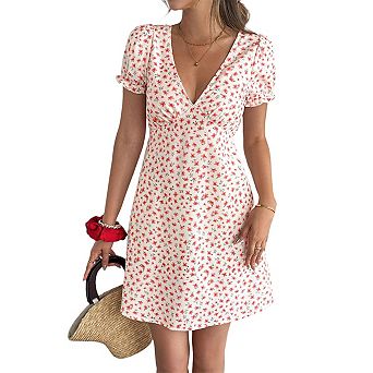 Women's v Neck Puff Sleeve Backless Tie Back Red Floral Print Summer Casual Beach Vacation Dress