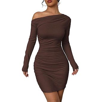 Women's Ruched Bodycon Mini Off the Shoulder Long Sleeve Elegant Casual Vacation Fall Dresses